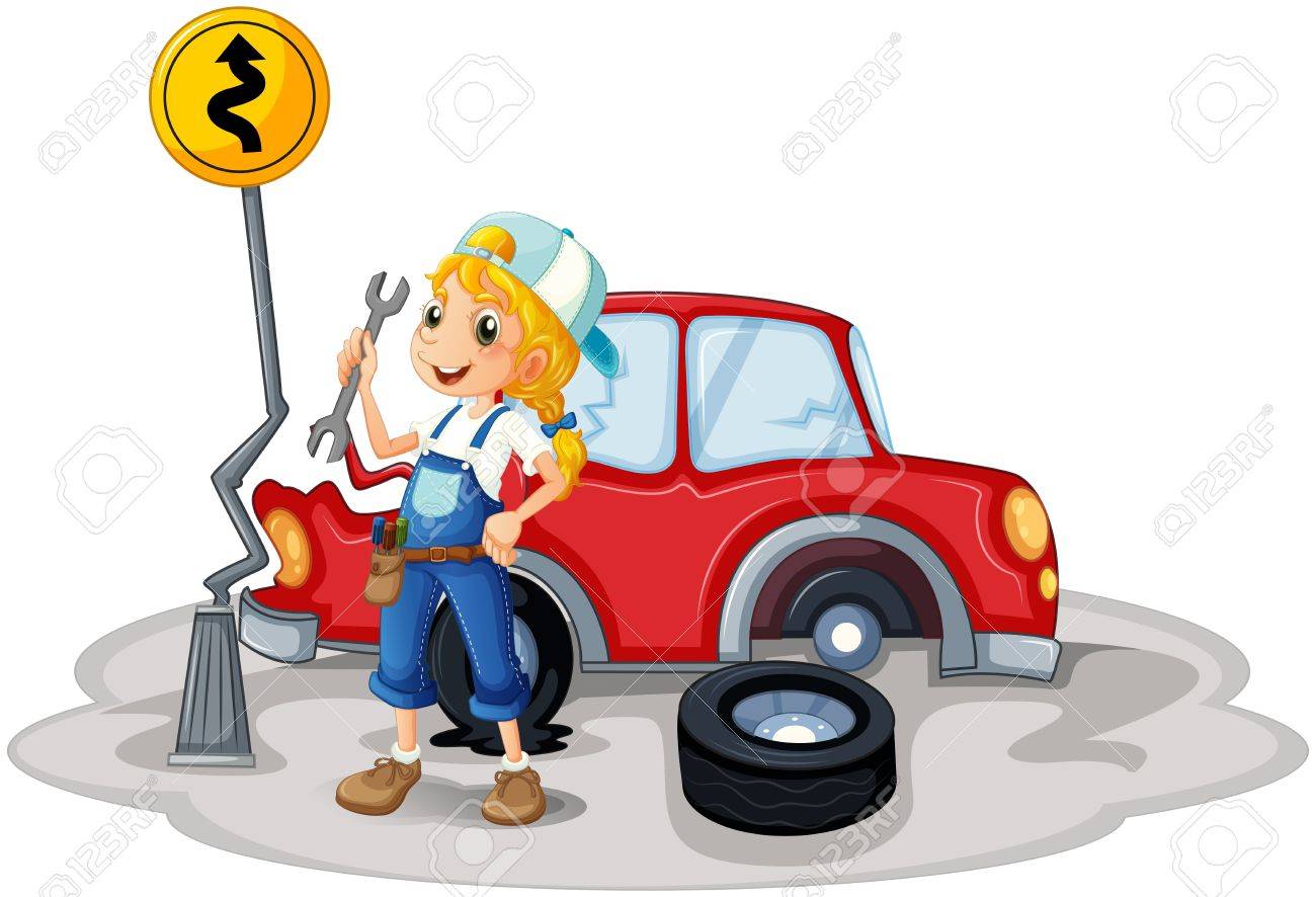 Illustration Of A Female Mechanic Near The Car Accident On A White  Background Royalty Free SVG, Cliparts, Vectors, and Stock Illustration.  Image 20272883., image size:1300x886