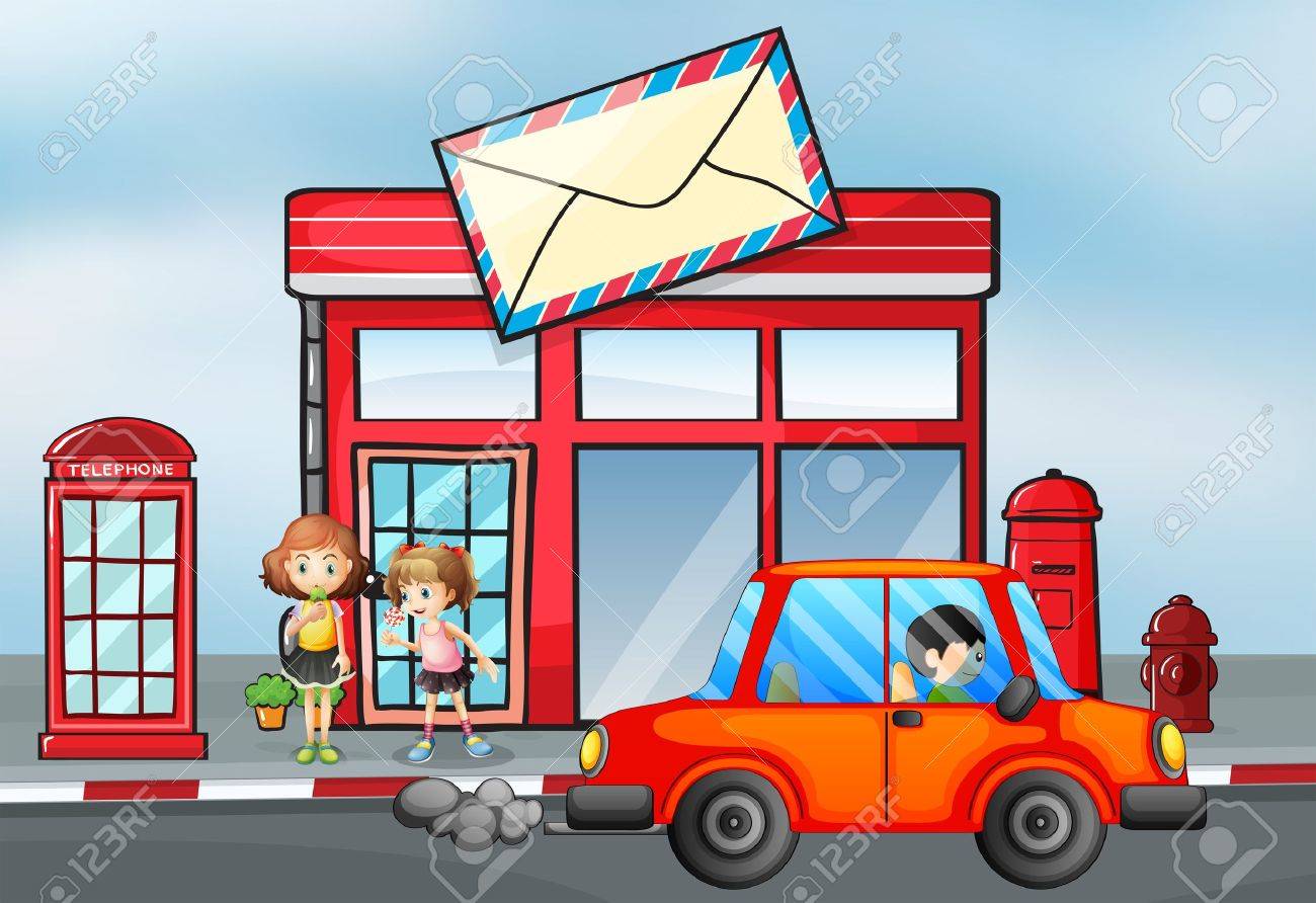 郵便局の前にオレンジ色の車のイラストのイラスト素材 ベクタ Image 郵便局の前にオレンジ色の車のイラストのイラスト素材 ベクタ Image