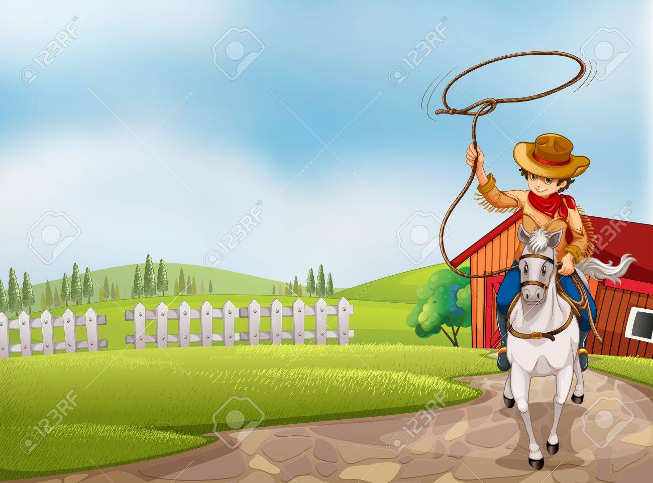 馬に乗ってロープを保持しているカウボーイのイラスト のイラスト素材 ベクタ Image
