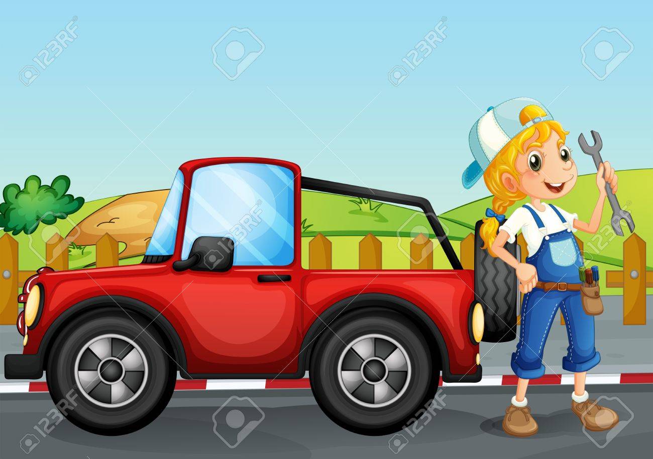 赤いジープを修理女の子のイラストのイラスト素材 ベクタ Image