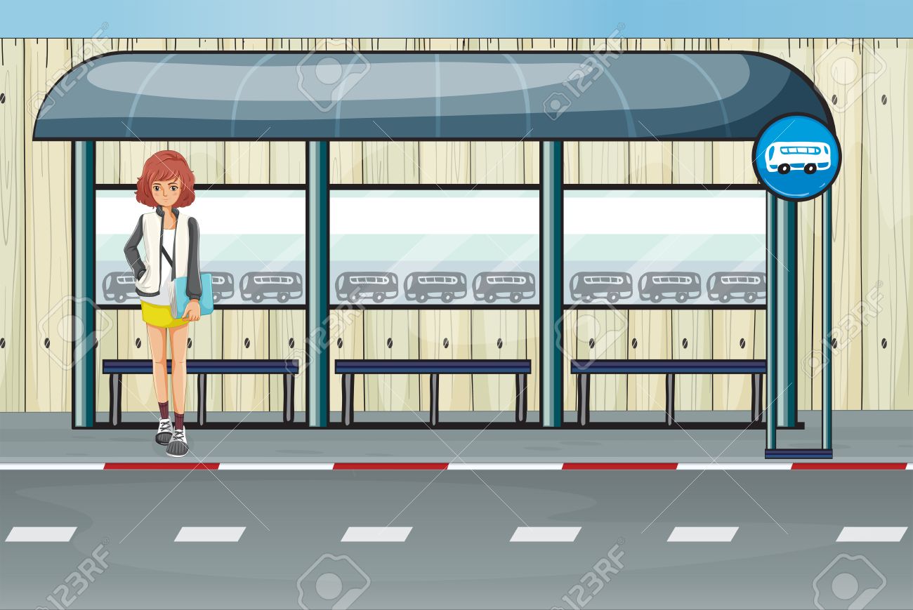 Illustration Of A Girl In The Bus Stop Royalty Free Svg Cliparts Vectors And Stock Illustration Image