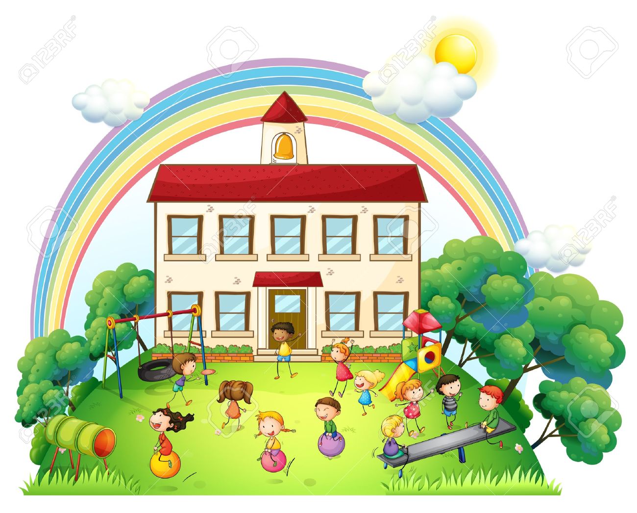 Ilustración De Los Niños Jugando Delante De La Escuela Sobre Un Fondo Blanco Ilustraciones Vectoriales Clip Art Vectorizado Libre De Derechos Image 20729560