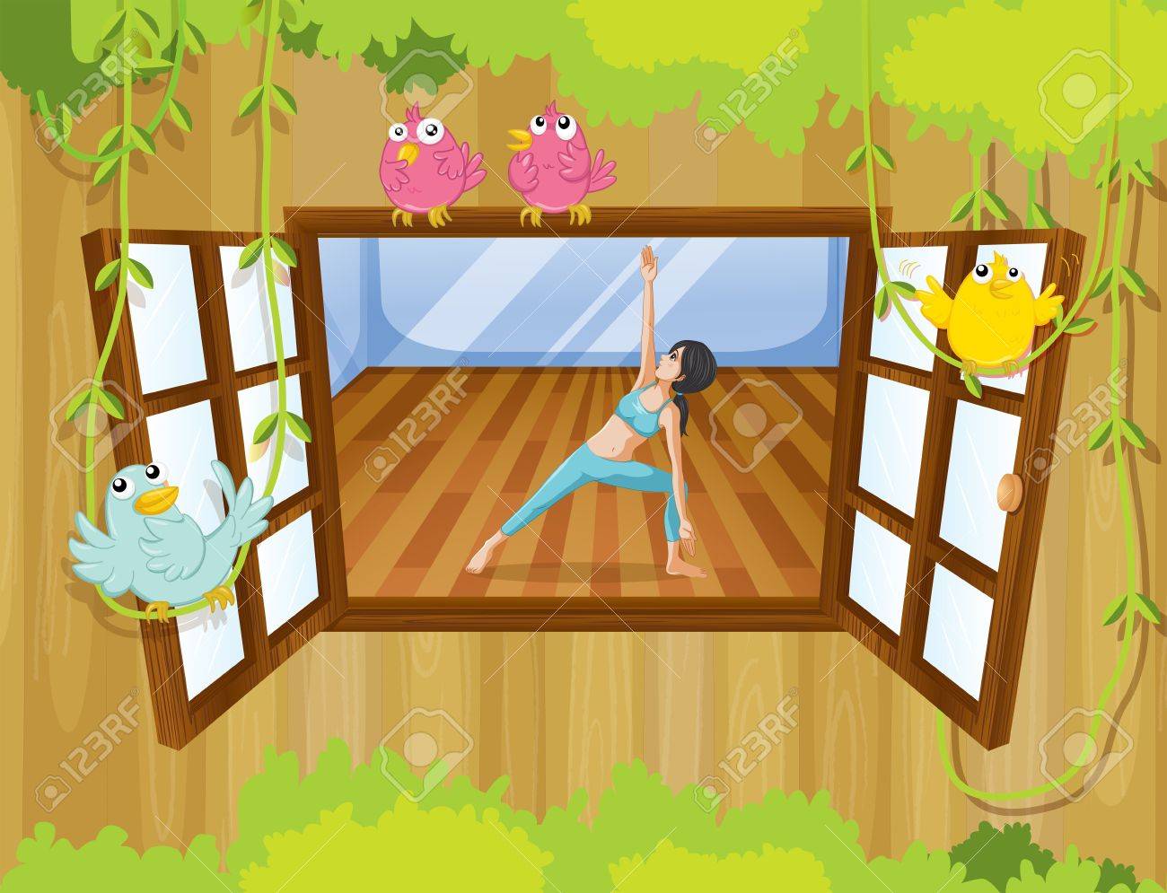 窓に鳥と家の中のヨガを披露する少女のイラスト のイラスト素材 ベクタ Image 8794