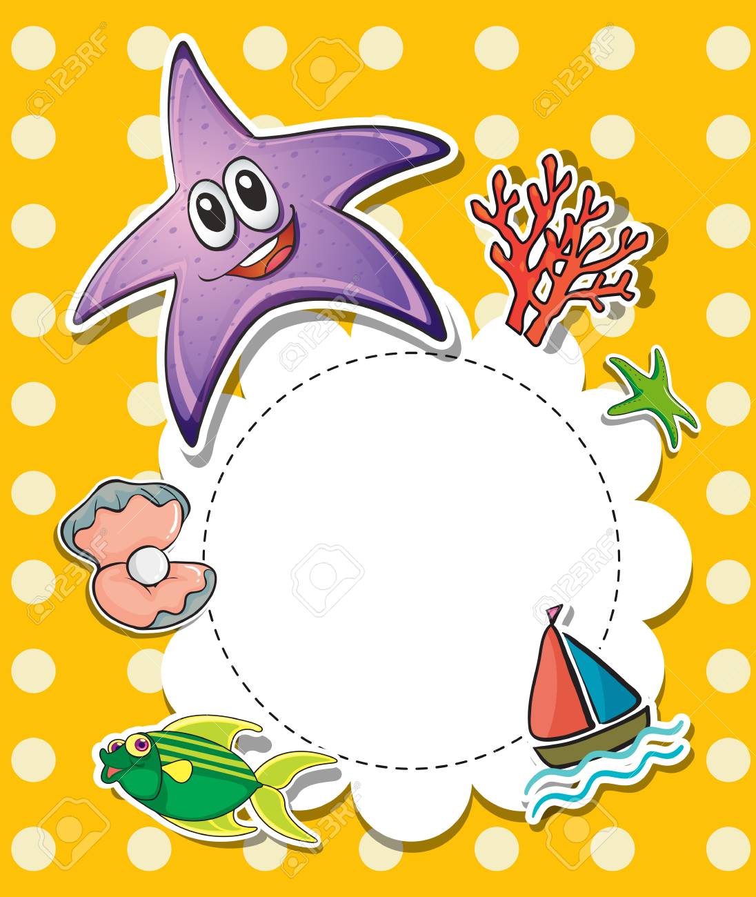 ビーチで見つけた生き物と文房具のイラストのイラスト素材 ベクタ Image