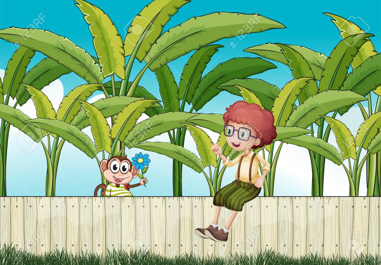 猿とフェンスに座っている男の子のイラストのイラスト素材 ベクタ Image 猿とフェンスに座っている男の子のイラストのイラスト素材 ベクタ Image