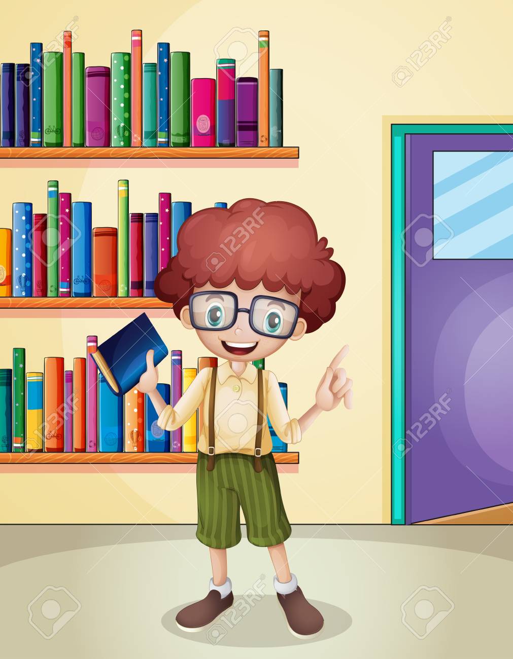 本棚の前で本を持って微笑む少年のイラストのイラスト素材 ベクタ Image