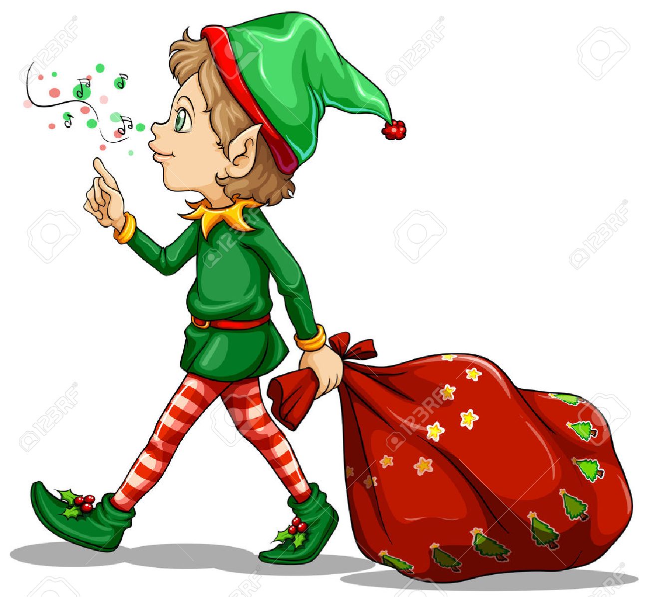 illustration of a young elf dragging a sack of gifts on a white