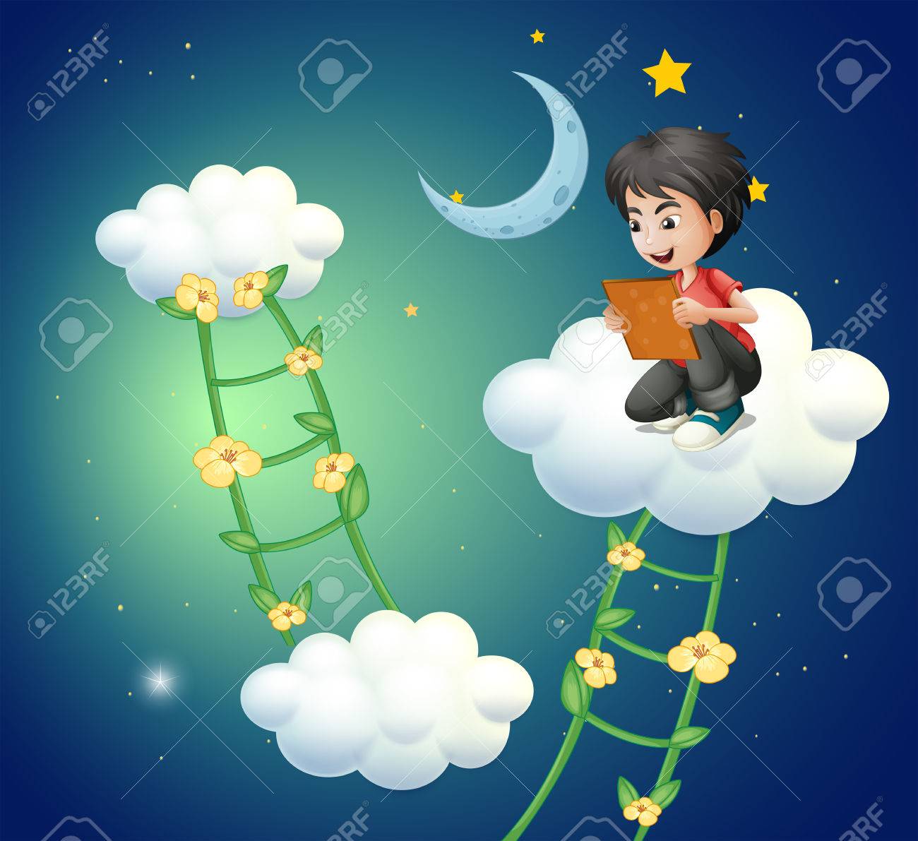 画像を見ている雲の上の男の子のイラストのイラスト素材 ベクタ Image