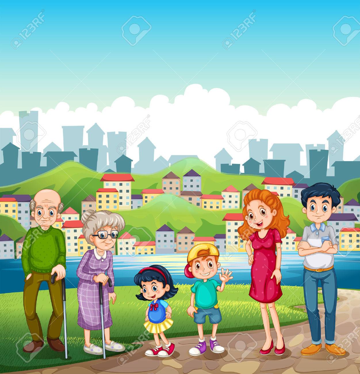 川岸では 村全体の大きな幸せな家族立ってのイラスト のイラスト素材 ベクタ Image 2245