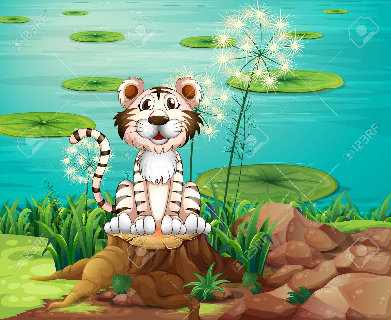 川岸で切り株上動物のイラスト のイラスト素材 ベクタ Image