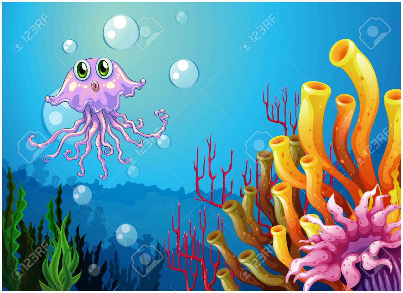 Illustration Of An Octopus And The Coral Reefs Under The Sea Royalty Free Cliparts Vectors And Stock Illustration Image