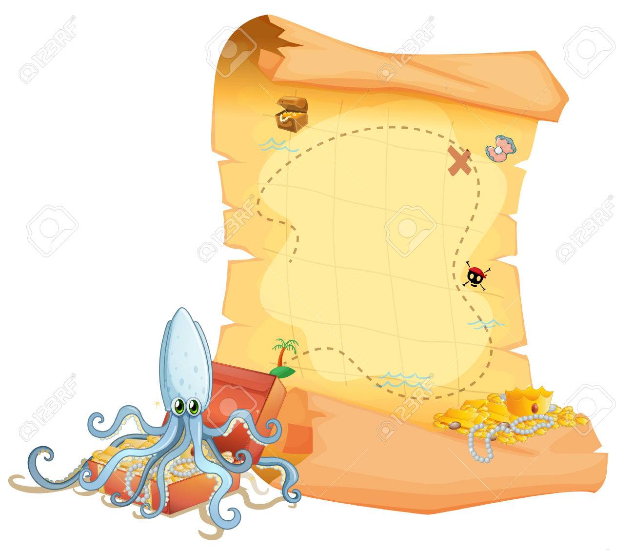 宝の地図と白い背景の上の宝箱の上タコのイラストのイラスト素材 ベクタ Image 宝の地図と白い背景の上の宝箱の上タコのイラストのイラスト素材 ベクタ Image