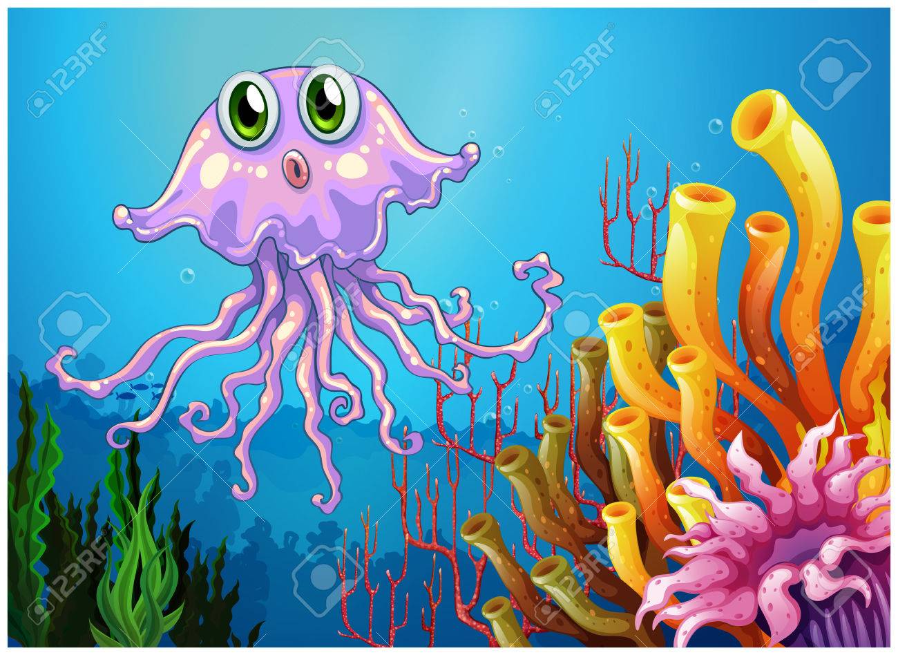 白い背景にサンゴ礁の近くかわいいくらげのイラスト のイラスト素材 ベクタ Image
