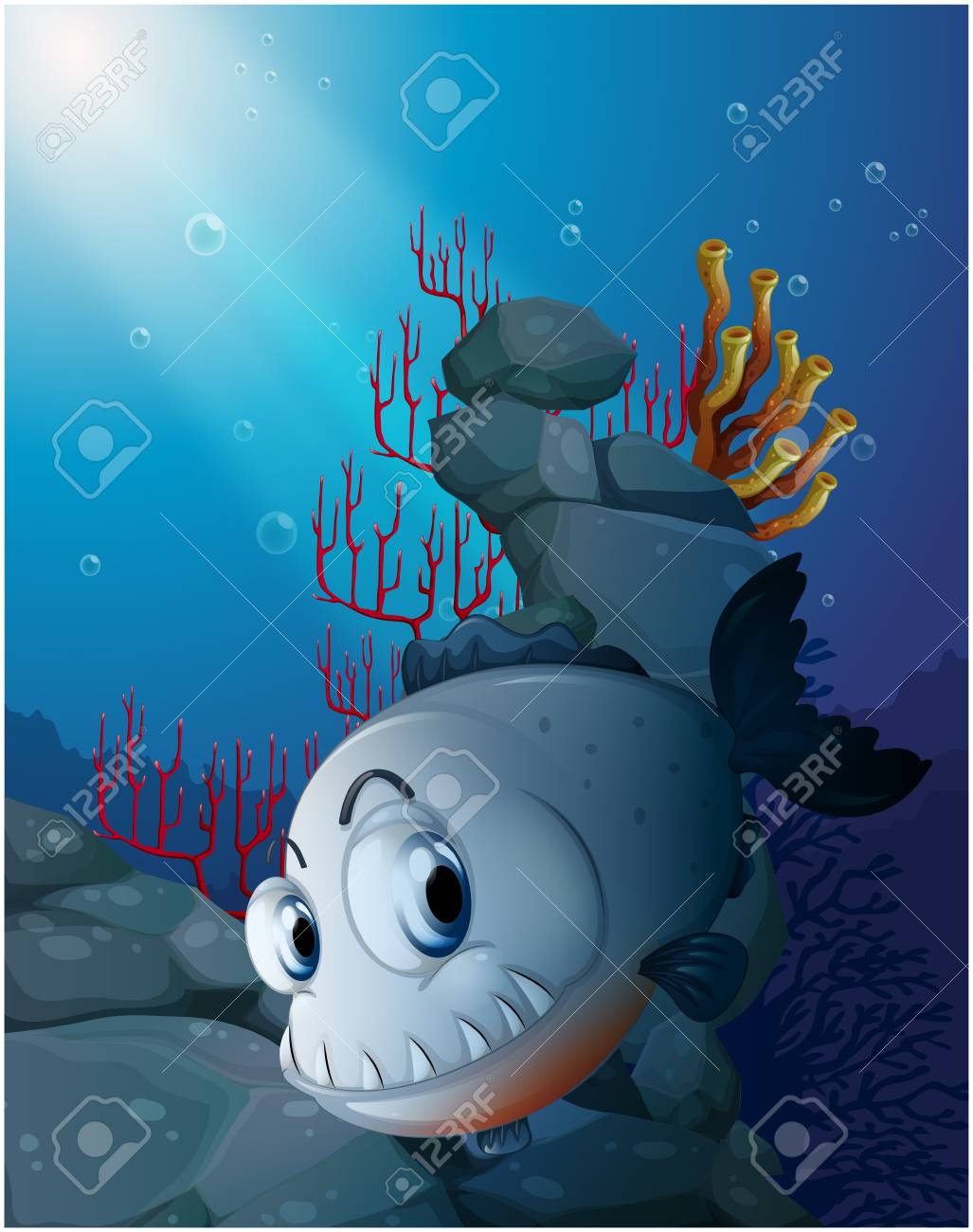 白い背景の上の岩の近く怖いピラニアのイラストのイラスト素材 ベクタ Image 白い背景の上の岩の近く怖いピラニアのイラストのイラスト素材 ベクタ Image
