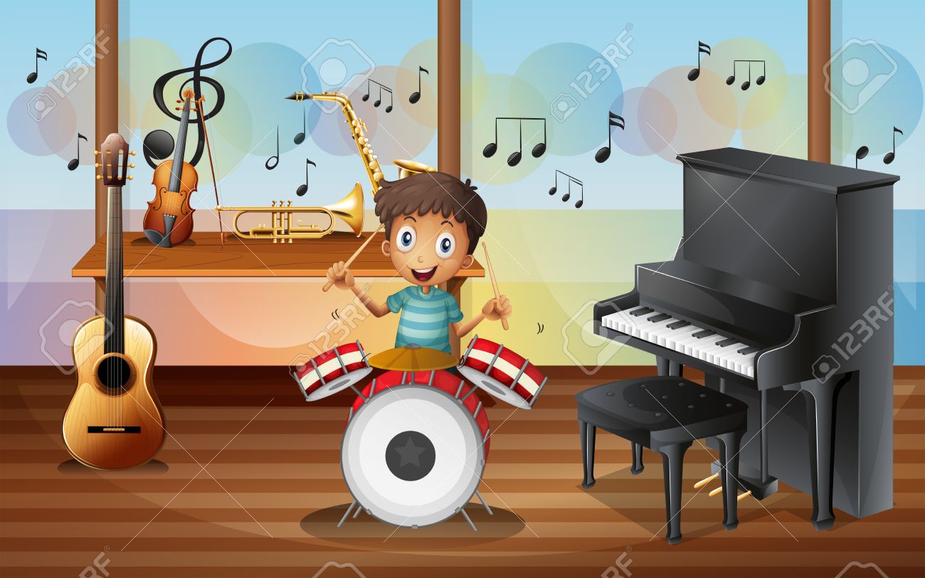 音楽部屋の中の幸せな Drummerboy のイラストのイラスト素材 ベクタ Image 音楽部屋の中の幸せな Drummerboy のイラストのイラスト素材 ベクタ Image