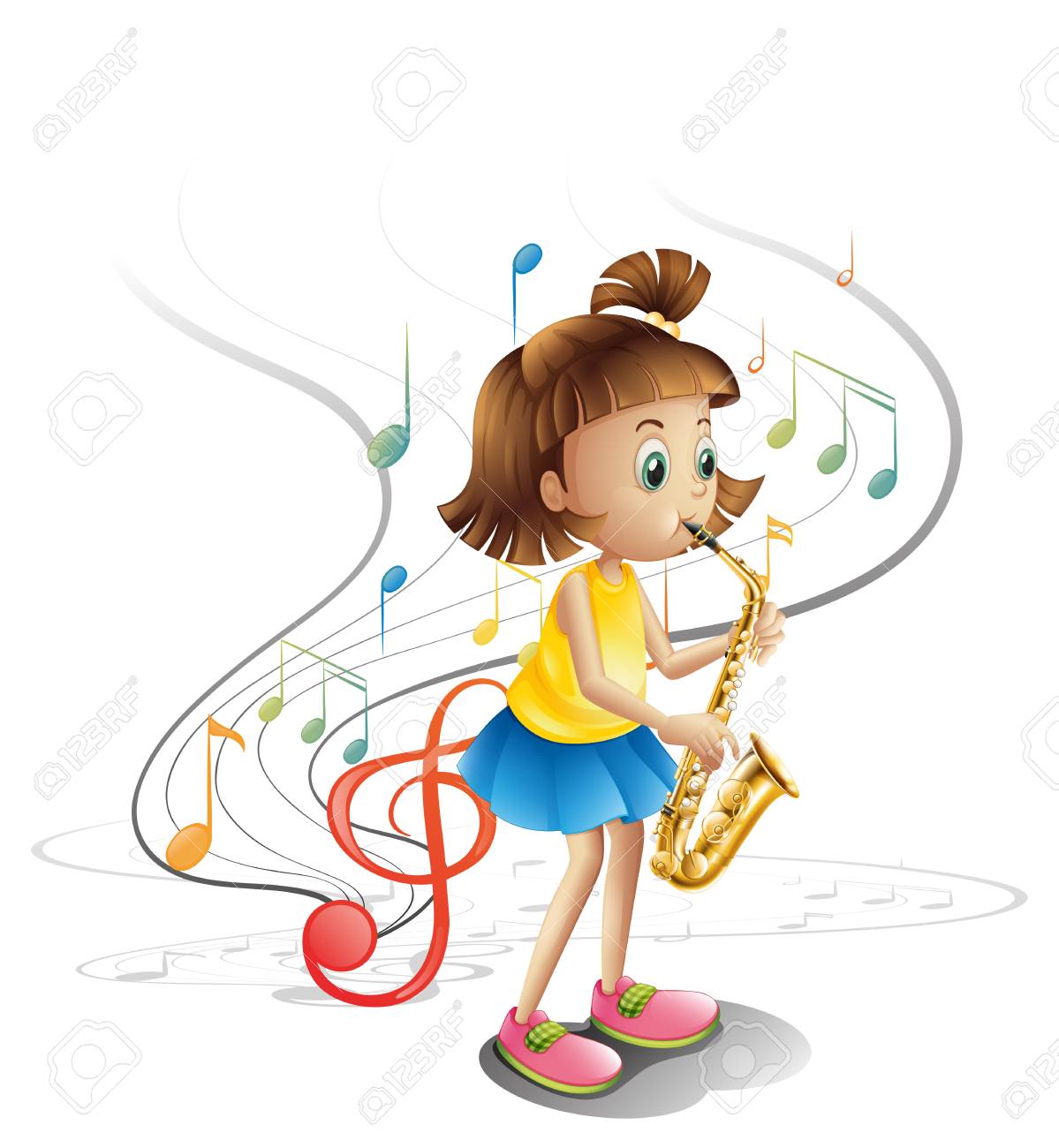 白い背景の上のサックスと才能のある子供のイラストのイラスト素材 ベクタ Image