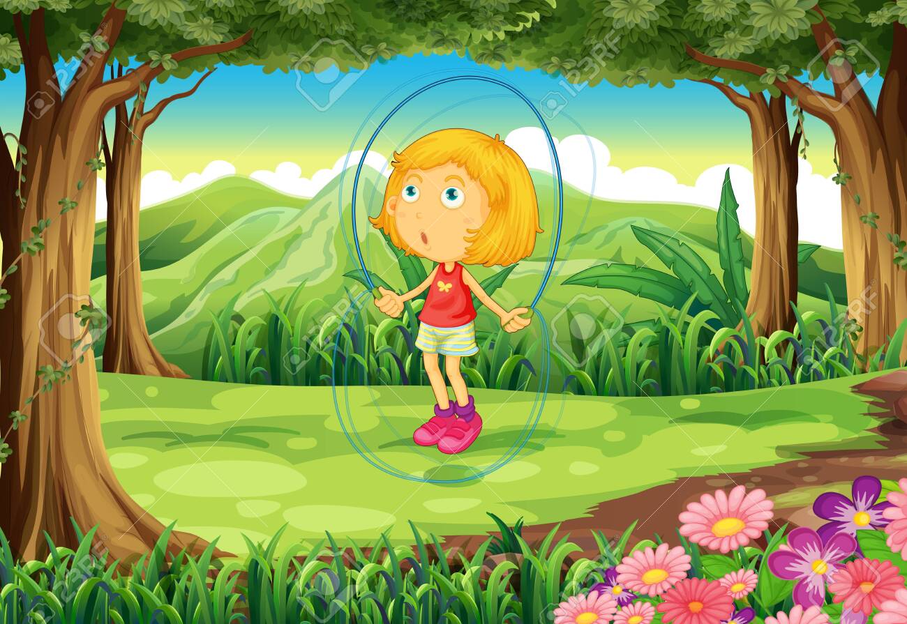 森の中で遊んでいる女の子のイラスト のイラスト素材 ベクタ Image