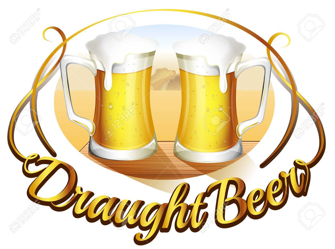 白い背景の上のビールの 2 つのマグカップと生ビールのラベルのイラストのイラスト素材 ベクタ Image 白い背景の上のビールの 2 つのマグカップと生ビールのラベルのイラストのイラスト素材 ベクタ Image