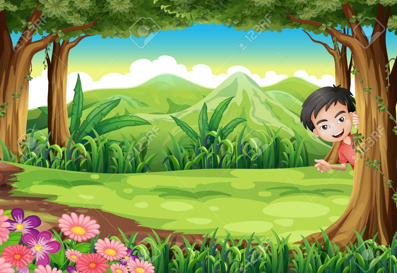 イラスト再生微笑む少年のかくれんぼの森で のイラスト素材 ベクタ Image