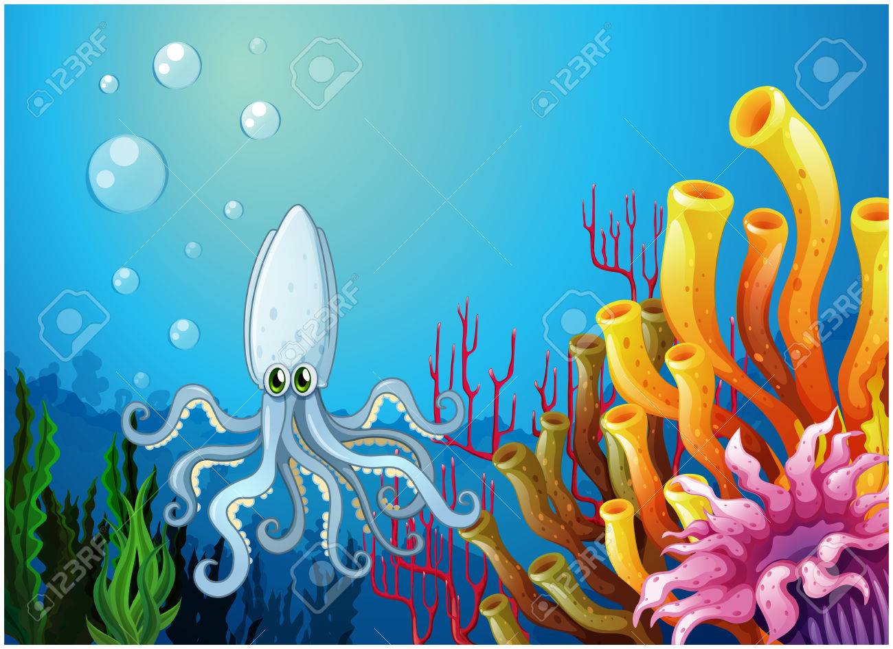 白い背景にタコと深い海のイラスト のイラスト素材 ベクタ Image 26826761