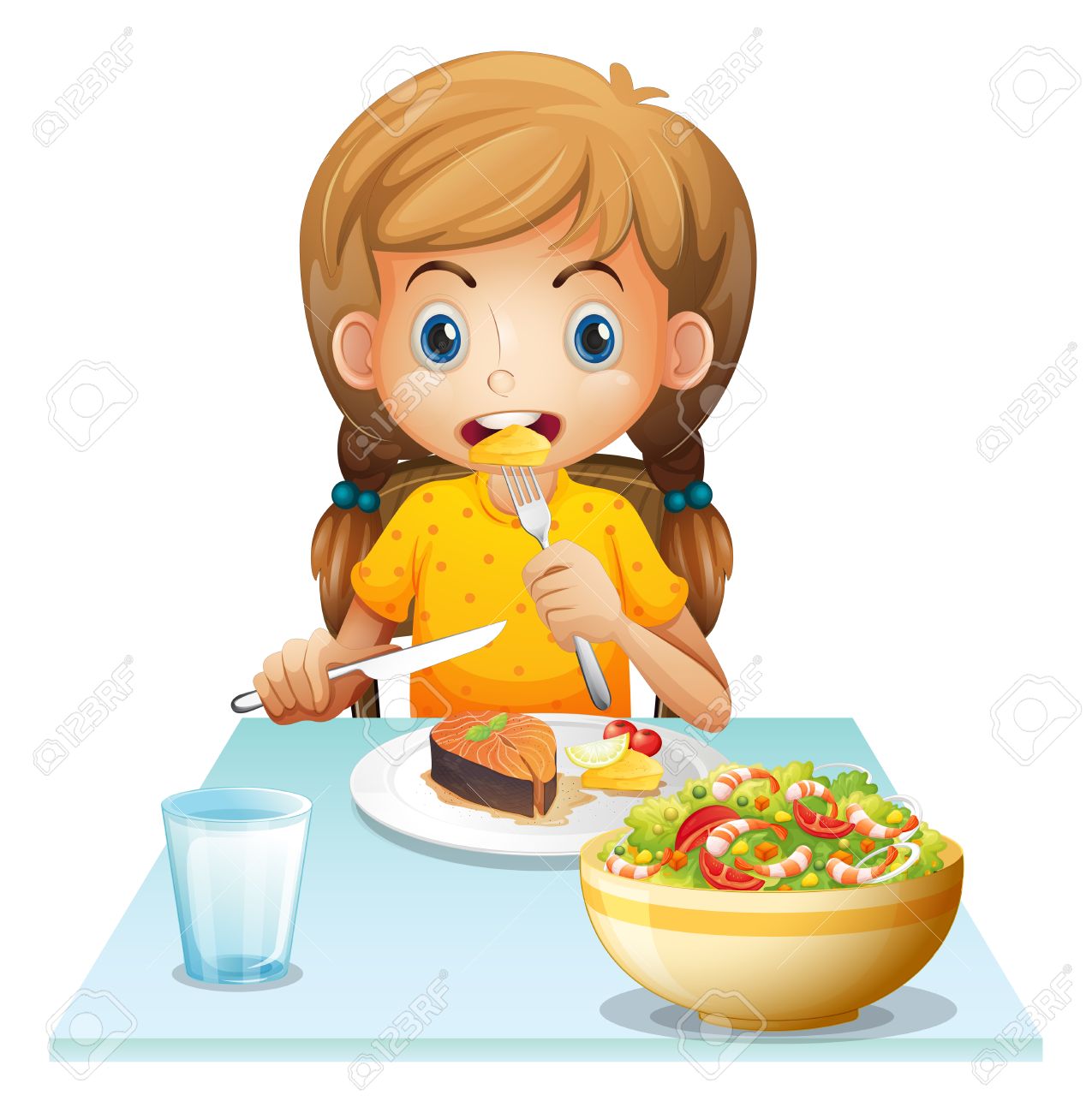 白い背景の上を食べる若い女の子のイラスト のイラスト素材 ベクタ Image