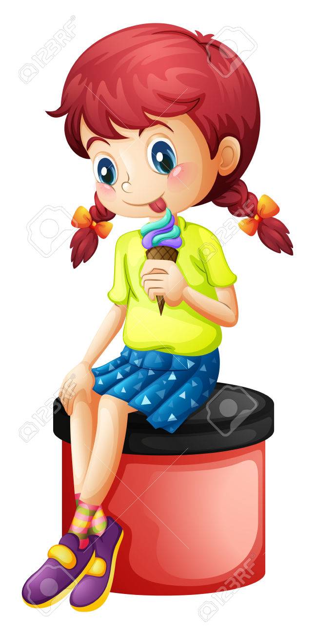 白い背景の上にアイスクリームを食べて かわいい女の子のイラストのイラスト素材 ベクタ Image