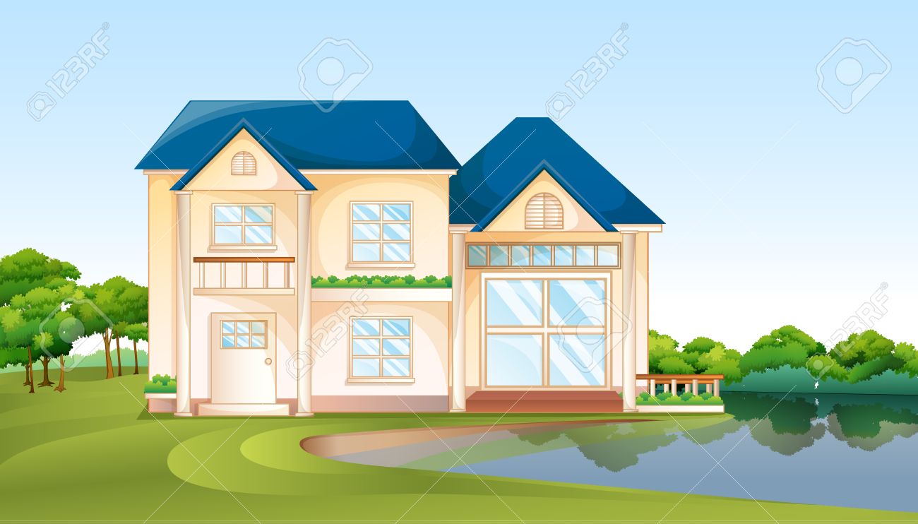 湖の近くの大きな家のイラスト のイラスト素材 ベクタ Image
