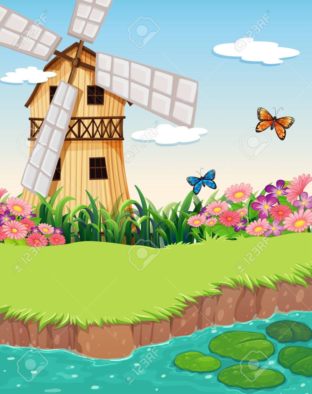 川の近くの風車バーンハウスのイラストのイラスト素材 ベクタ Image