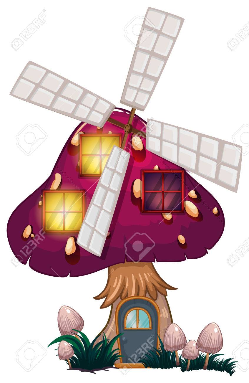 白い背景に風車と大きなキノコの家のイラストのイラスト素材 ベクタ Image