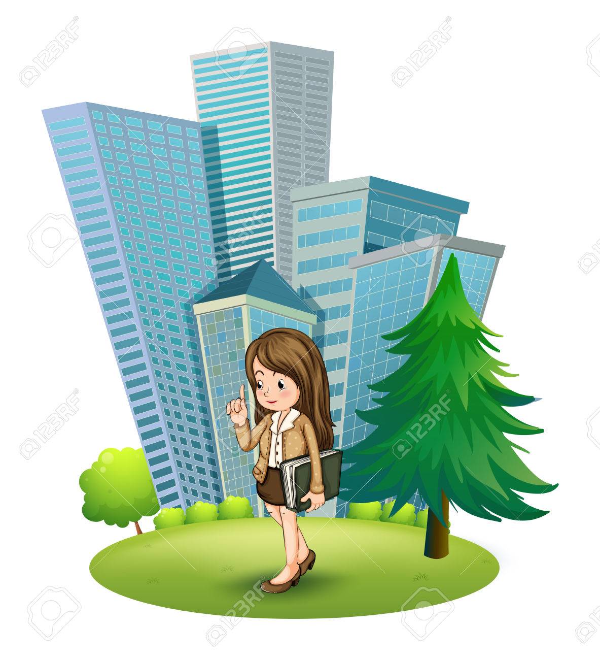 白い背景の上の高層ビルの間で松の木の近くの女性のイラスト の