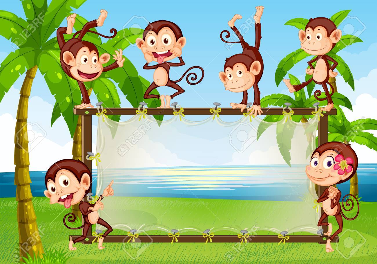 木製のフレームに変な行動をしているサル のイラスト素材 ベクタ Image