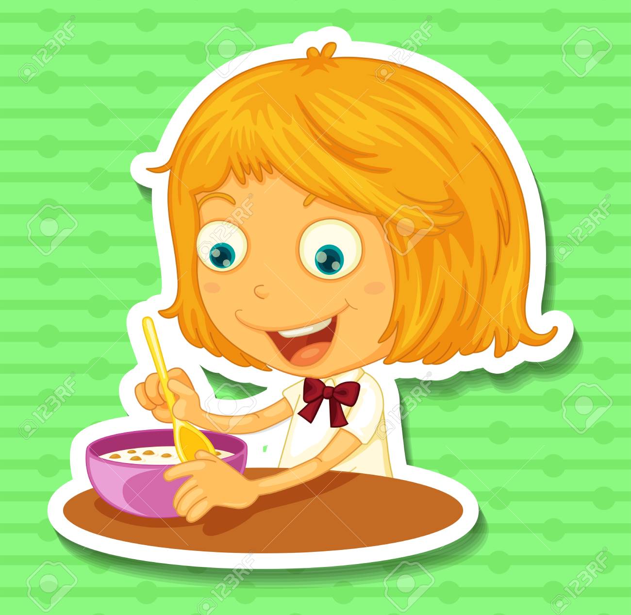 ダイニング テーブル イラストを食べる少女のイラスト素材 ベクタ Image