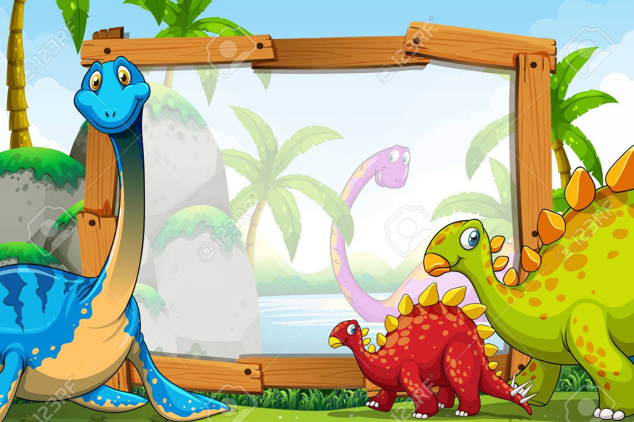dinosaurs around the wooden frame illustration royalty free cliparts