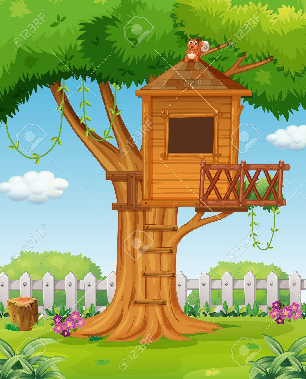 Treehouse in the garden illustration