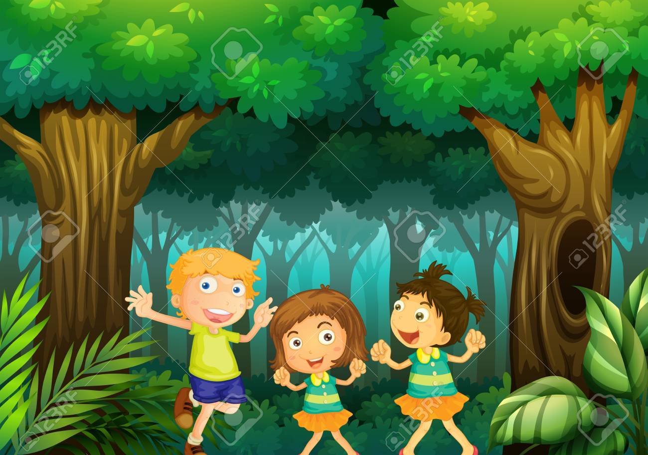 Three Kids Dancing In The Forest Illustration Royalty Free Cliparts Vectors And Stock Illustration Image