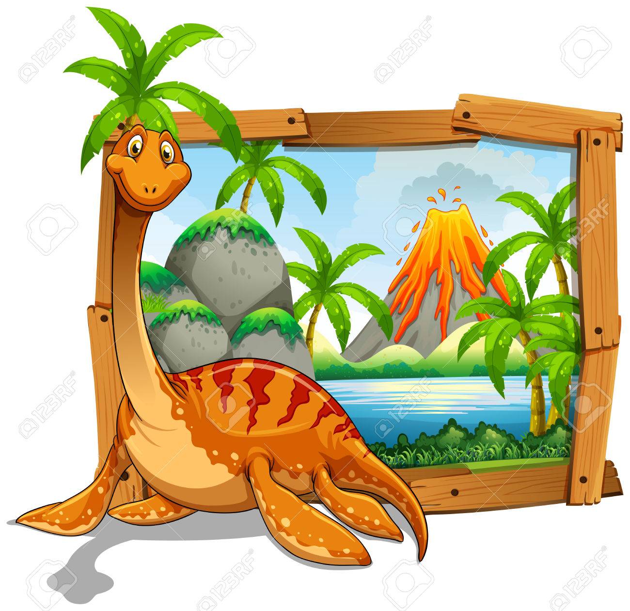 wooden frame with dinosaur at the lake illustration royalty free