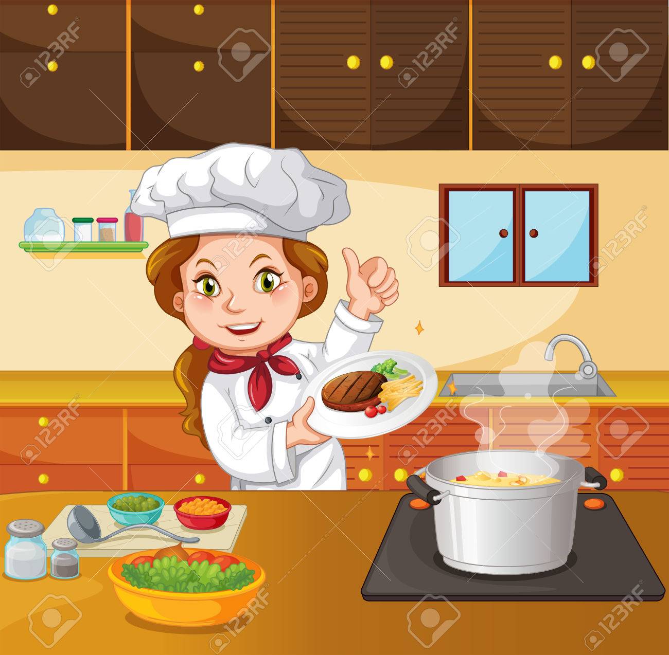 Female Chef Cooking In The Kitchen Illustration Royalty Free Cliparts Vectors And Stock Illustration Image 56548959