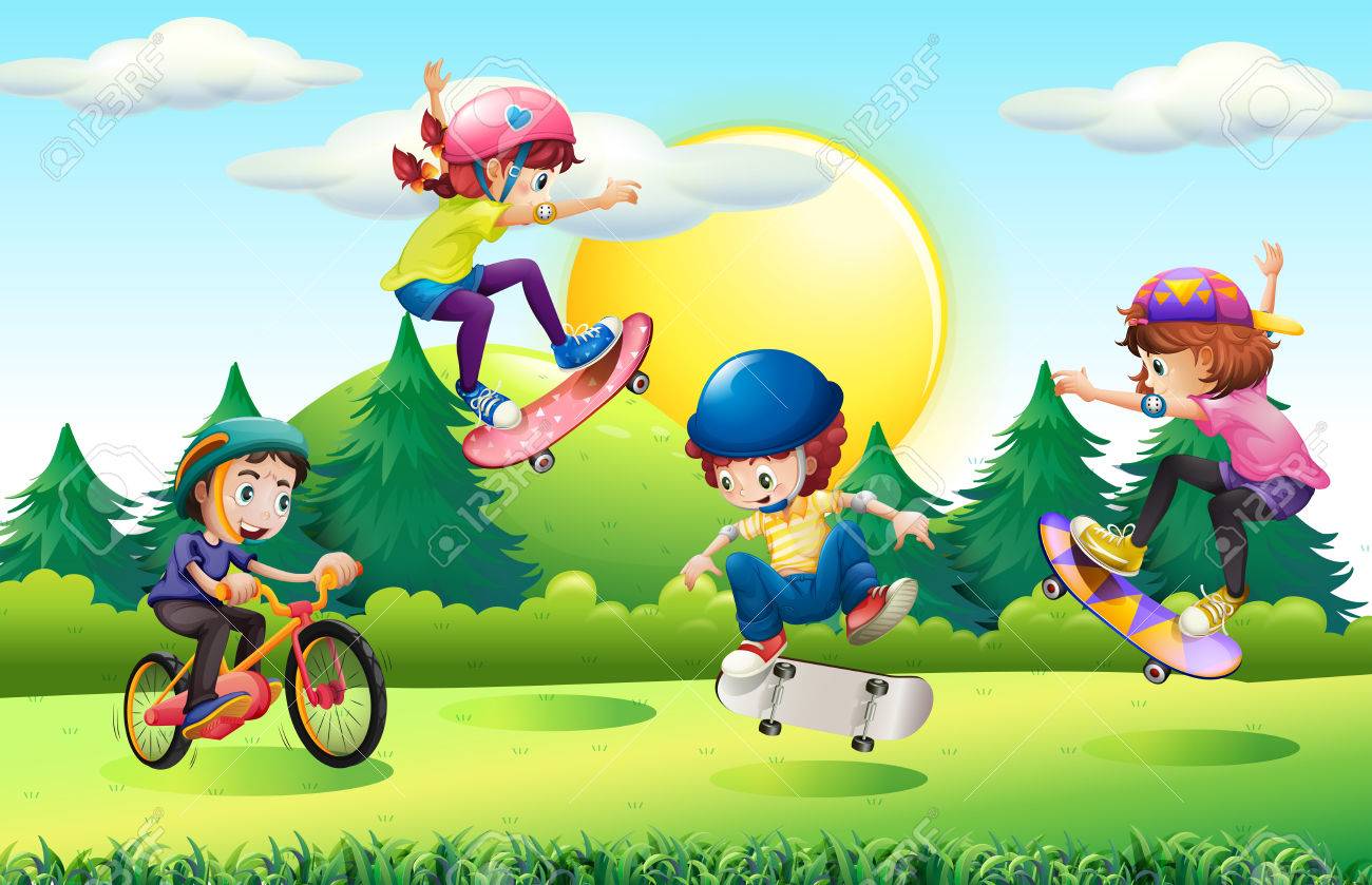 子供のスケート ボード ・ パークの図に自転車に乗って のイラスト素材