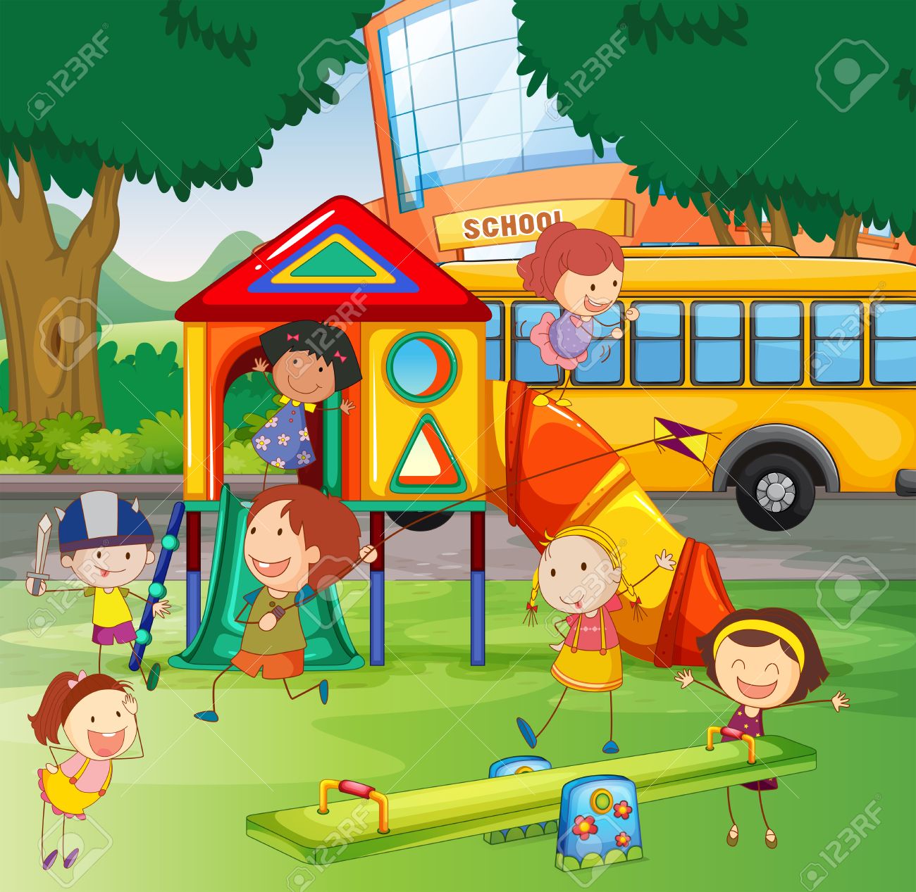 Children Playing In The School Playground Illustration Stock Vector Children Playing In The School Playground Illustration Stock Vector