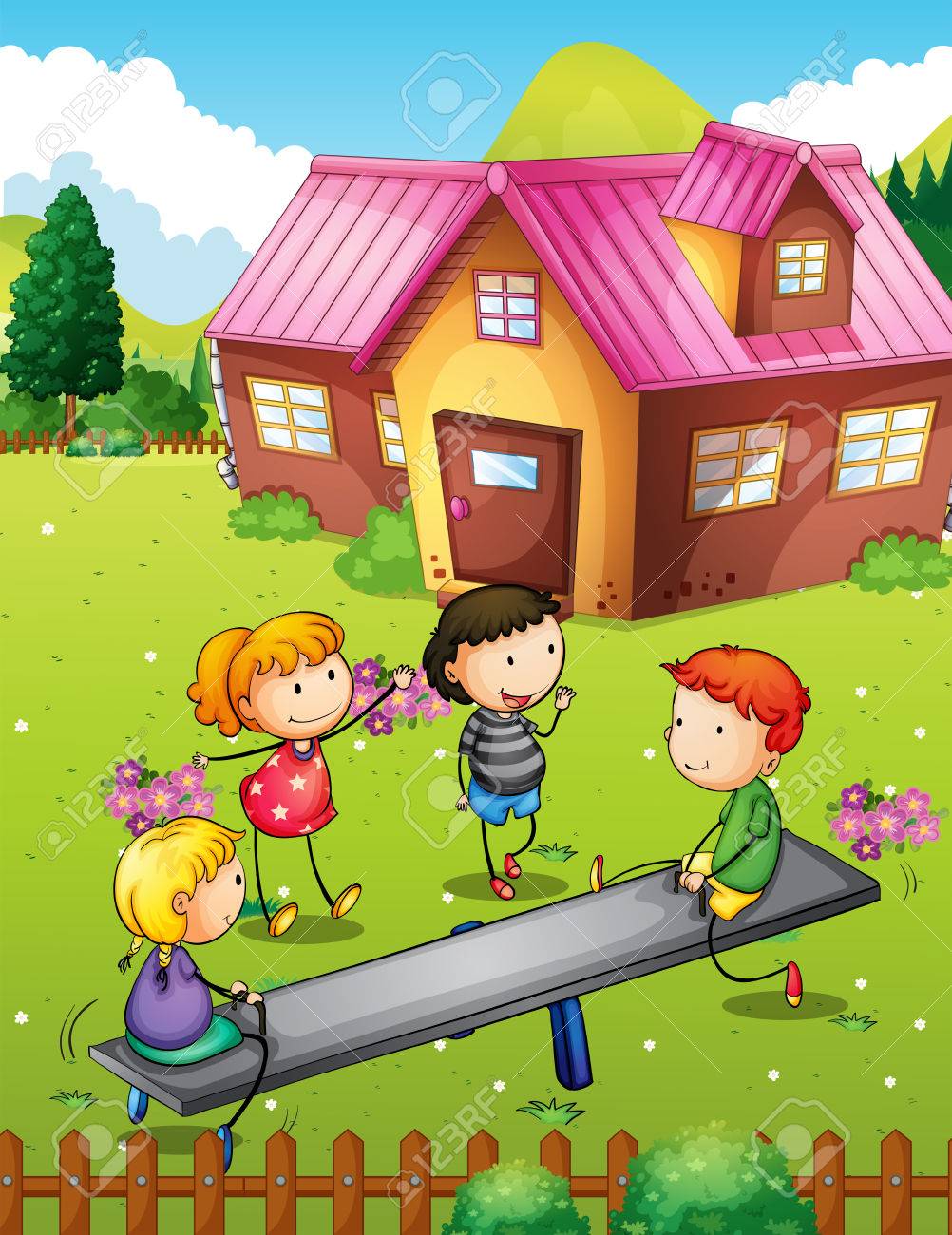 Children Playing With Seesaw In Backyard Illustration Royalty Free Cliparts Children Playing With Seesaw In Backyard Illustration Royalty Free Cliparts
