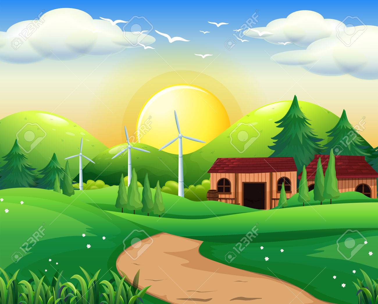 家や風車のイラスト シーンのイラスト素材 ベクタ Image