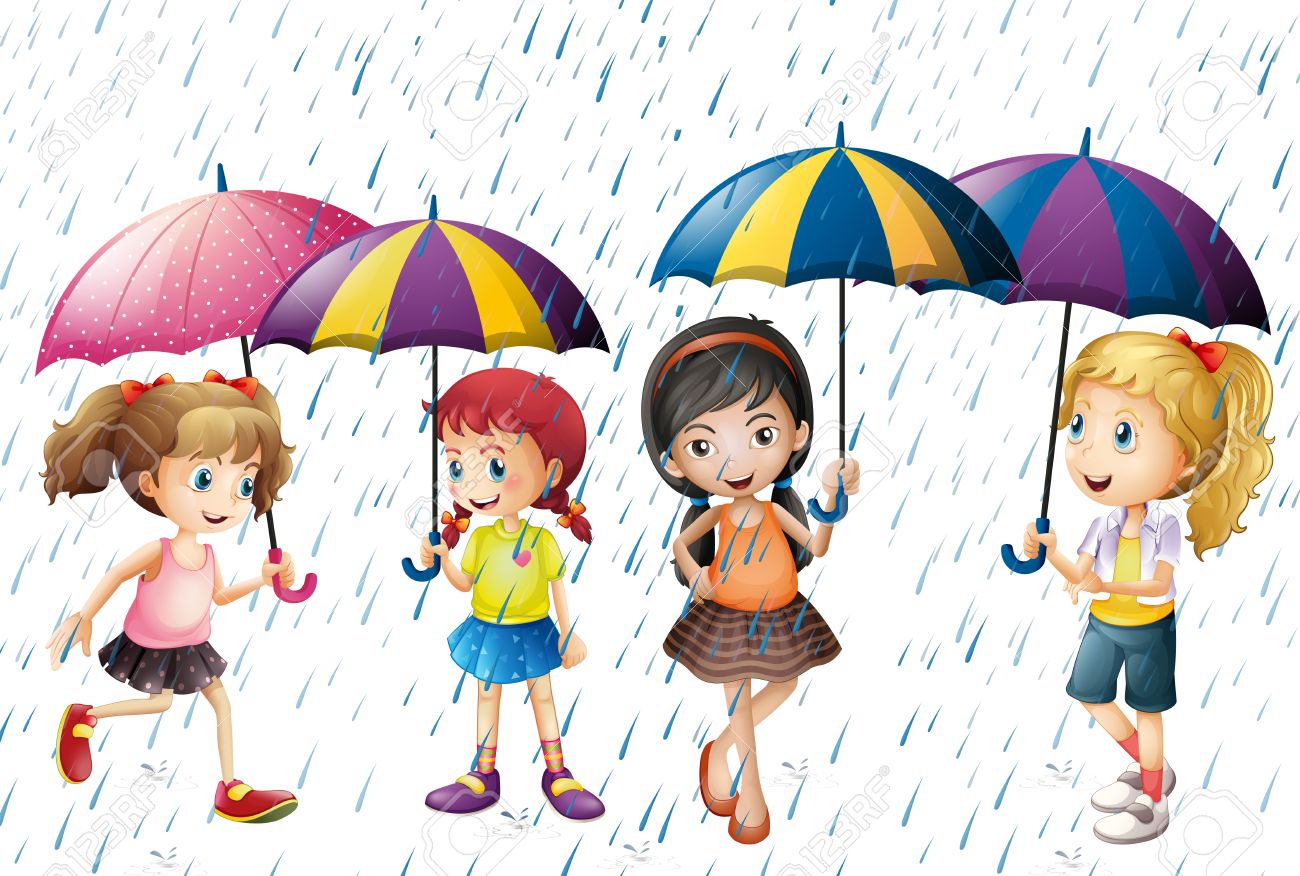 Cuatro Niños Con Paraguas Estar En La Ilustración De Lluvia Ilustraciones Svg, Clip Art Vectorizado Libre De Derechos. 67924769.
