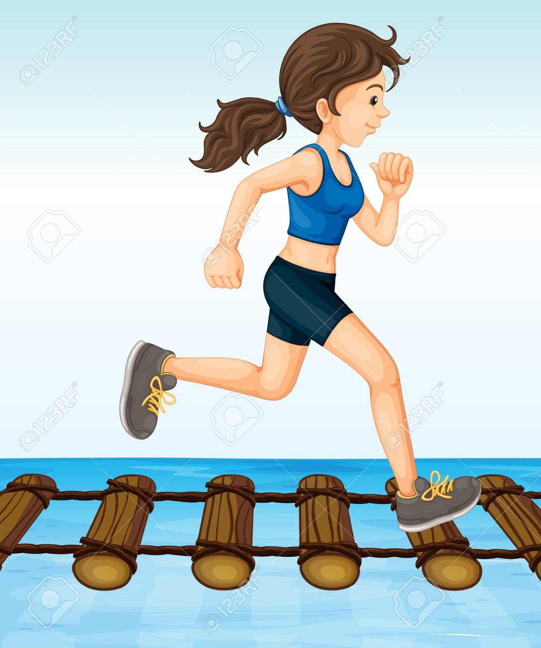 木製ログ橋イラストを走っている少女のイラスト素材 ベクタ Image