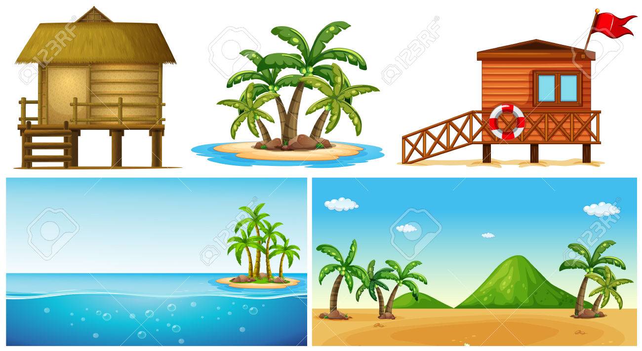 Ocean Scenes With Island And Lifeguard House Illustration Royalty Free Cliparts Vectors And Stock Illustration Image