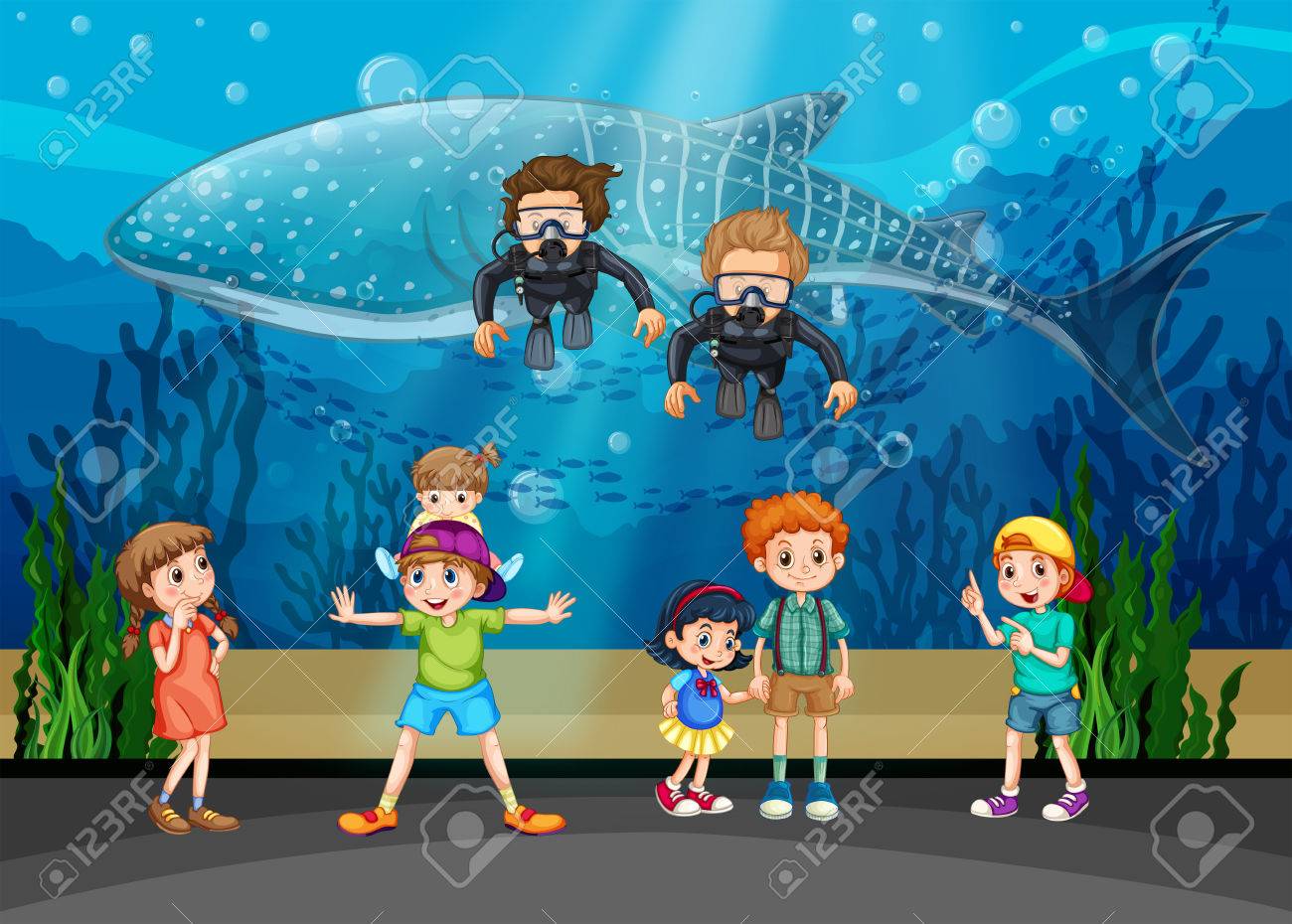 子供クジラを見て水族館図中のダイバー のイラスト素材 ベクタ Image