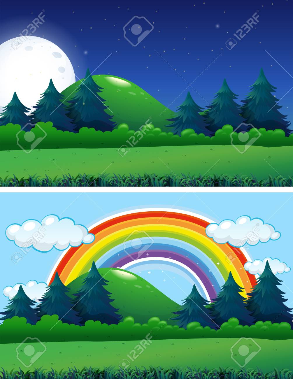 two forest scenes night