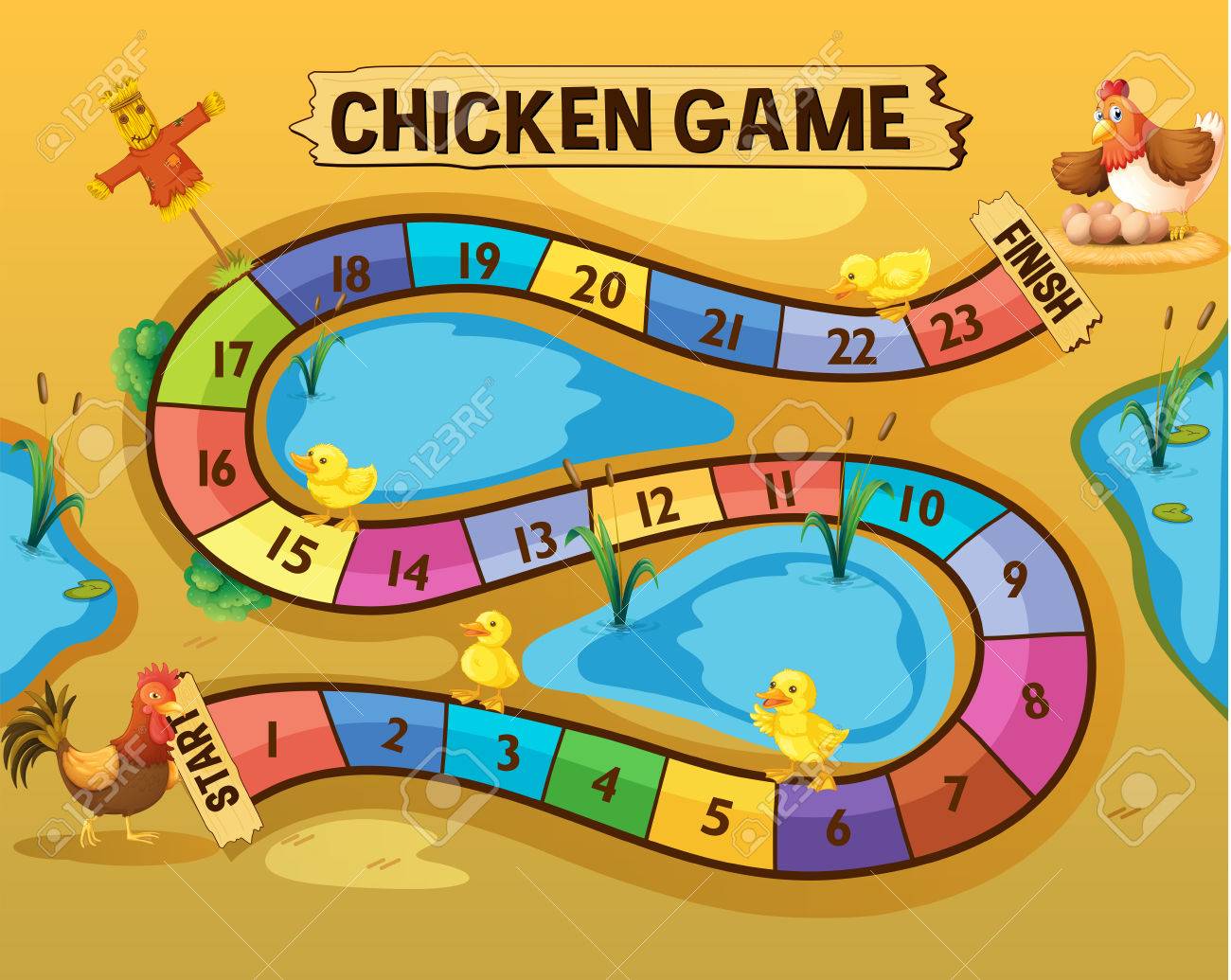 boardgame template with chickens by the pond illustration royalty