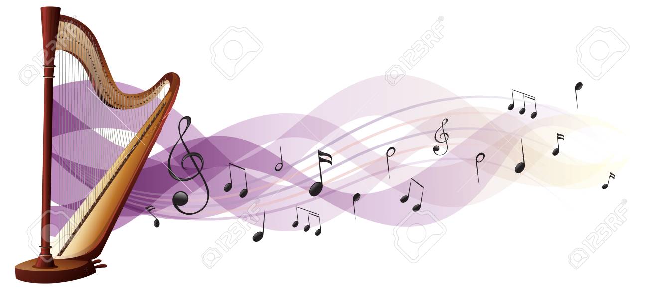 背景図に音符と木製のハープ のイラスト素材 ベクタ Image