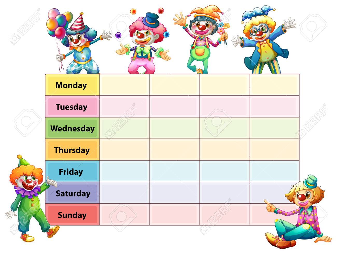 timetable template with days of the week and clowns illustration timetable week