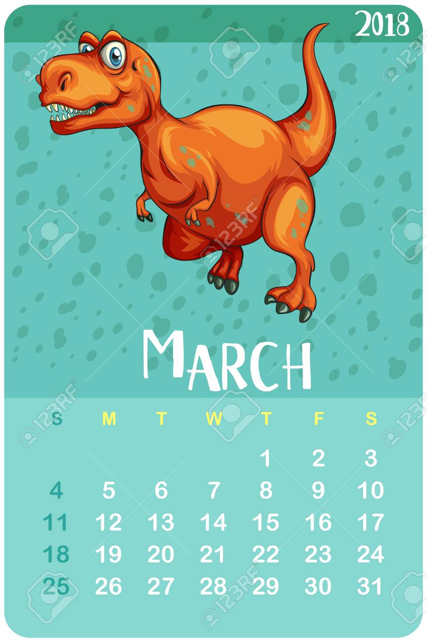 calendar template for march with t rex illustration royalty free